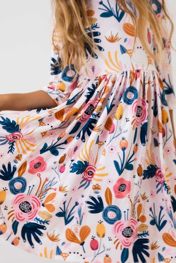 Girl's Blush Peony 3/4 Sleeve Pocket Twirl Dress