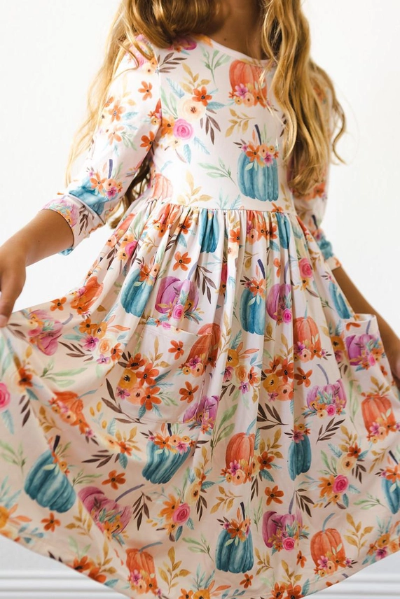 Girl's Harvest Blooms 3/4 Sleeve Pocket Twirl Dress