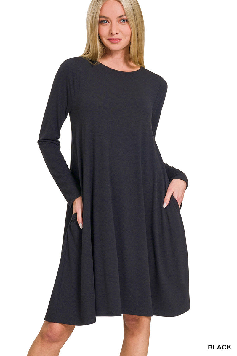 ZENANA Long Sleeve Flare Dress w/Pockets