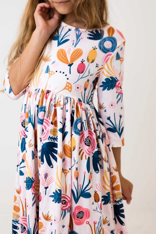 Girl's Blush Peony 3/4 Sleeve Pocket Twirl Dress