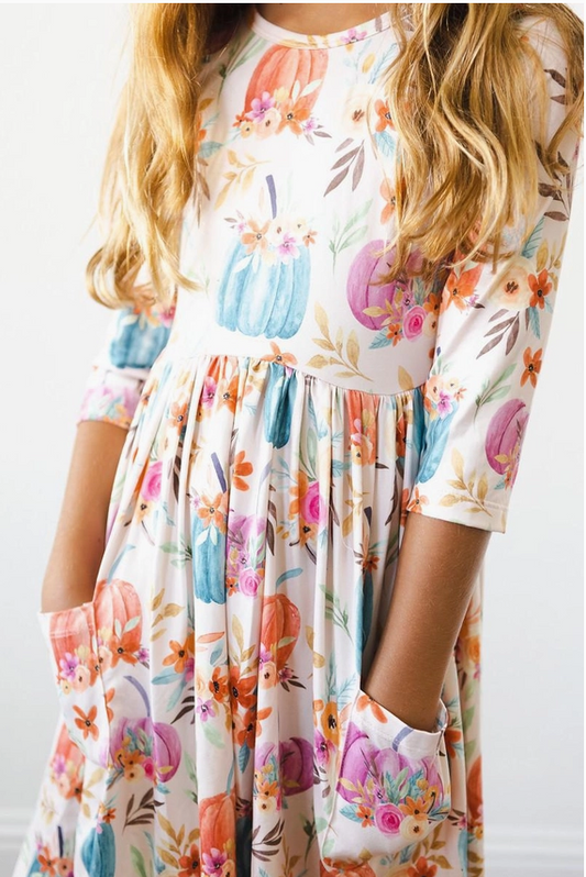 Girl's Harvest Blooms 3/4 Sleeve Pocket Twirl Dress