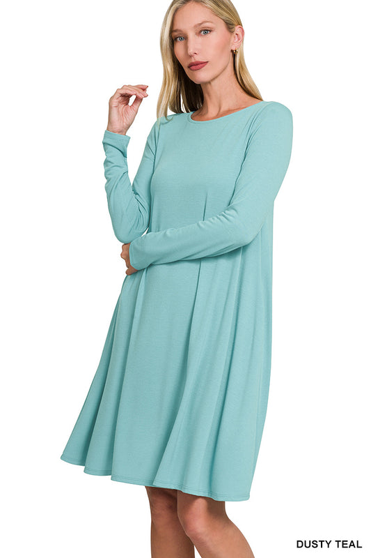 ZENANA Long Sleeve Flare Dress w/Pockets